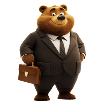 Cartoon brown bear in a business suit with briefcase standing confidently on a transparent background png