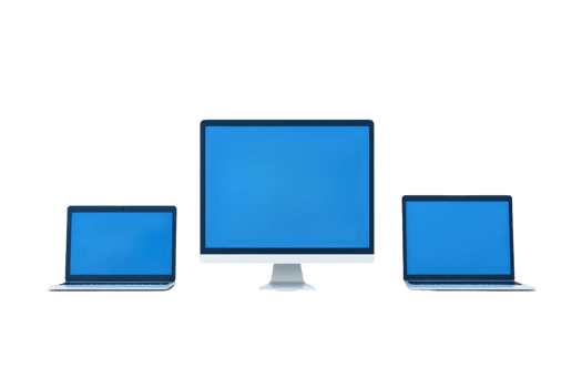 Three digital devices featuring blue screens a desktop monitor flanked by two laptops of varying sizes. png