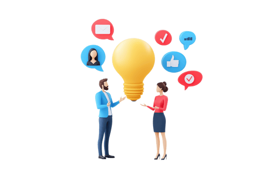 A couple exchanges ideas represented by a light bulb, surrounded by social media icons symbolizing communication and interaction. png