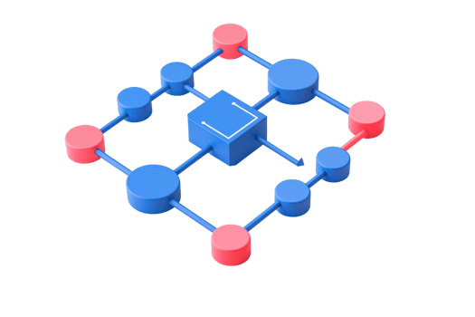 A 3D geometric model featuring interconnected nodes in blue and red, forming a network structure. png
