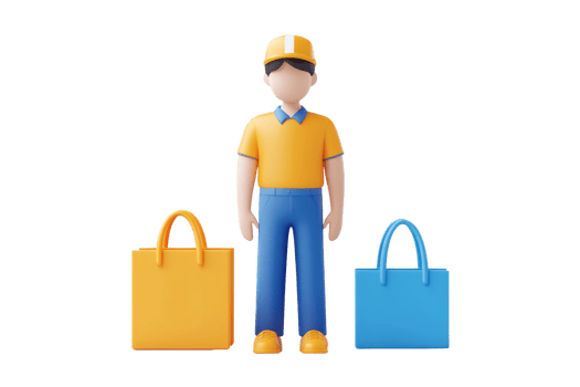 A stylized character wearing a cap and uniform, standing between two colorful shopping bags. png
