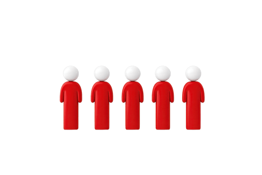Five simplistic red figures with white heads, aligned in a row. png