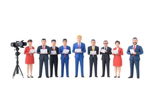 A group of nine individuals holding documents, with one prominently dressed in blue, representing a media or news-related scenario. png