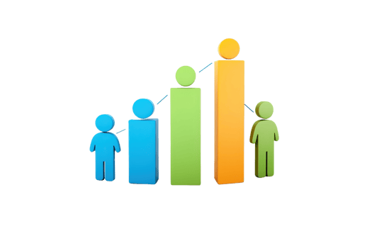 Colorful bars representing growth with stylized human figures indicating progress and achievement in a visual format. png
