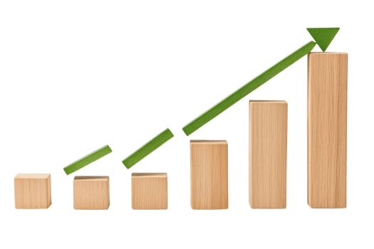 A series of wooden bars arranged in ascending order, illustrating growth with a green arrow pointing upward. png