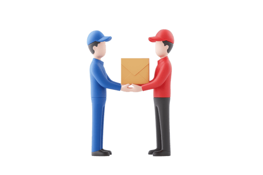 Two delivery workers exchanging a package, one in blue uniform and the other in red, showcasing the concept of shipping and logistics. png