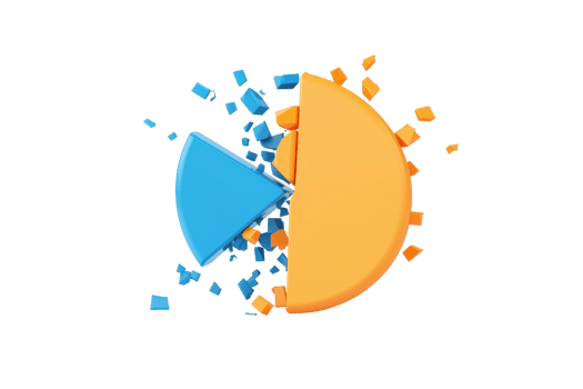 A vibrant, split circle with blue and orange sections surrounded by scattered pieces, symbolizing division and contrast. png