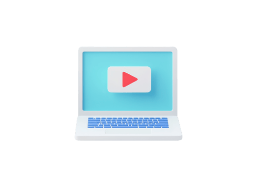 A sleek laptop displaying a play button on a light blue screen, representing online content. png
