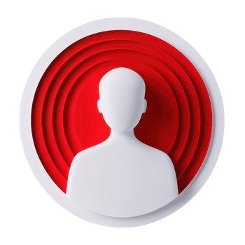 A stylized silhouette of a person is centered within circular layers of red and white, creating a bold visual impact. png