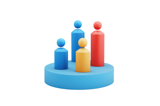 Colorful geometric figures representing people, arranged on a circular base, showcasing a playful and modern design. png