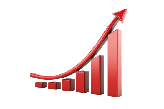 A red upward-trending graph with bars increasing in height, topped by an arrow, symbolizes growth and progress. png
