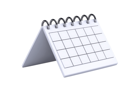 A white tabletop calendar with a grid layout, designed for organizing dates and events. png