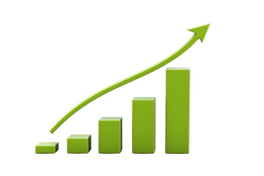 A green bar graph with an upward arrow, symbolizing growth and progress. png