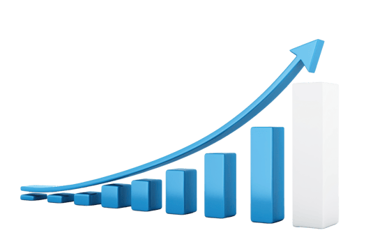 A blue bar graph displays rising values, indicating growth or progress, with an arrow pointing upward to symbolize increasing trends. png