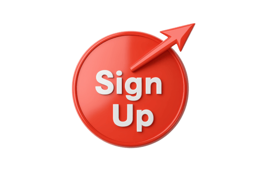 A vibrant red button featuring the text Sign Up with an upward arrow, indicating a call to action for user registration. png