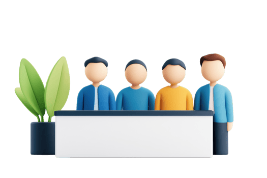 Four cartoon figures stand behind a white counter, accompanied by a green plant in a pot, creating a welcoming representation of a team or service desk. png