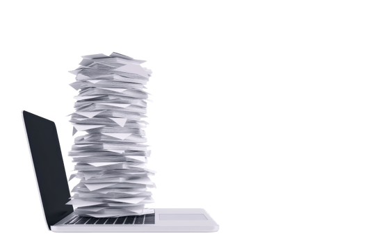 A stack of disorganized papers rising from a laptop, symbolizing clutter and overwhelming paperwork. png