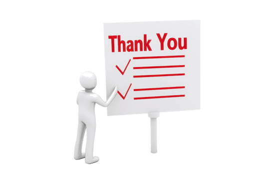 A figure holds a large sign displaying Thank You with checkmarks and lines, conveying appreciation and completion. png