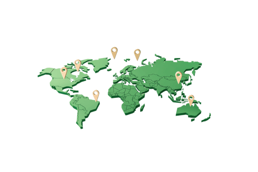 A green world map with location markers indicating various geographical points. png