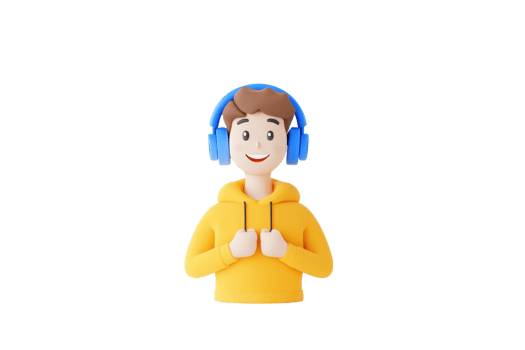 A cheerful cartoon character wearing headphones and a yellow hoodie, smiling and holding its hands together. png