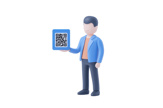 A stylized figure holds a QR code, wearing a blue jacket and orange shirt, symbolizing technology and digital interaction. png