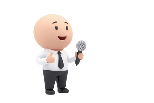 A cheerful character in a business suit holds a microphone, appearing ready to engage or present in a speaking scenario. png
