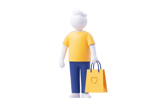 A stylized character wearing a yellow shirt and blue pants, holding a shopping bag with a heart design. png