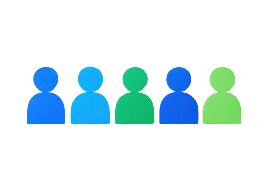 A series of stylized human figures arranged in a row, each featuring a different shade of blue and green. png
