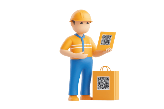 A cartoon worker in a hard hat holds a QR code on a sign while standing next to a yellow delivery bag. png