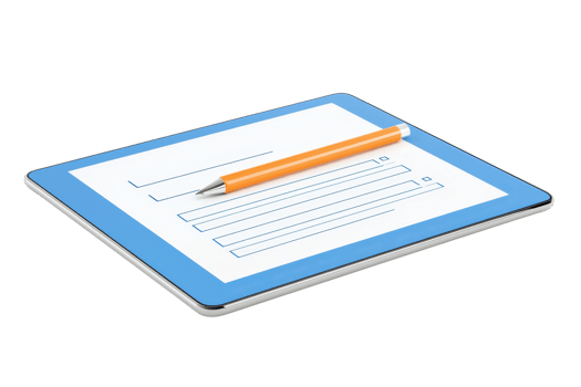 A digital tablet displaying a form with a pencil resting on top, highlighting modern technology and productivity. png