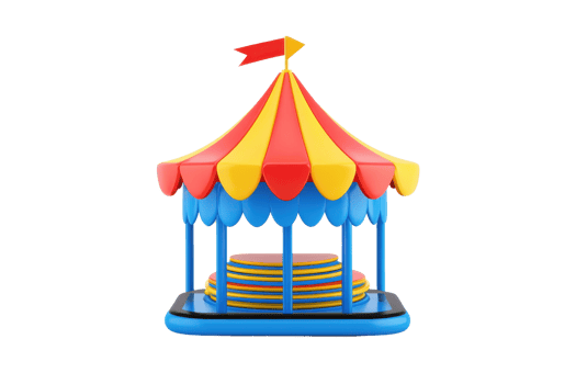 A colorful carnival gazebo featuring red and yellow stripes, topped with a small flag and supported by blue columns. png