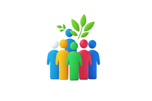 A group of colorful human figures united with green leaves, symbolizing community and growth. png