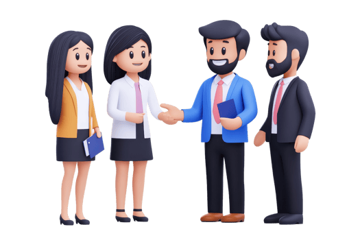Four stylized characters engaging in a friendly conversation, with two women and two men dressed in professional attire. png