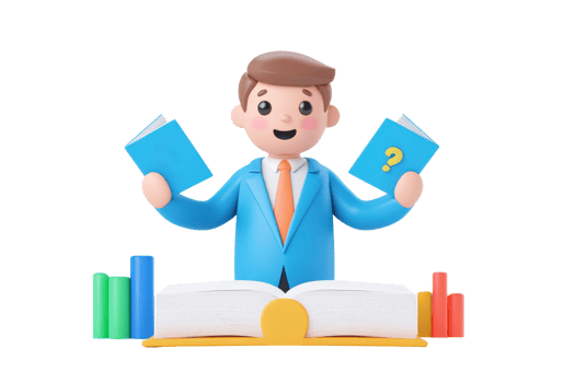 A cheerful character in a blue suit holds two books while standing beside an open book, symbolizing learning and inquiry. png