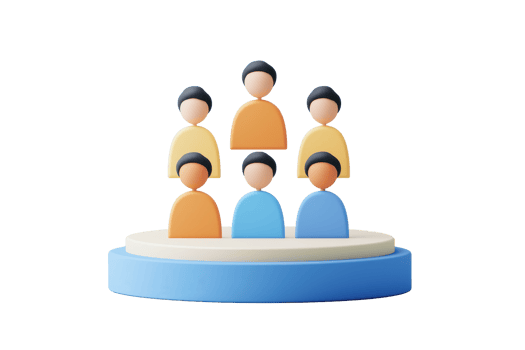A group of stylized figures arranged in a pyramid formation on a circular platform, showcasing teamwork and collaboration. png