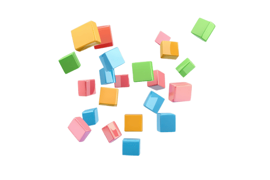 Colorful, assorted cubes in various sizes scattered in a dynamic arrangement. png