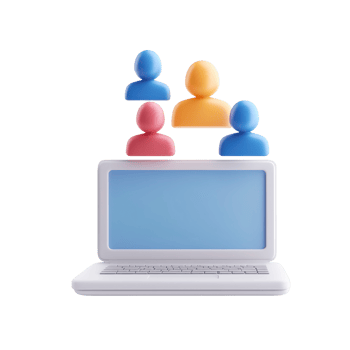 A laptop with colorful user icons above it, symbolizing online communication and social interactions. png
