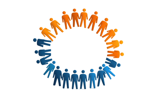A circular arrangement of abstract figures in orange and blue, symbolizing community, connection, and teamwork. png