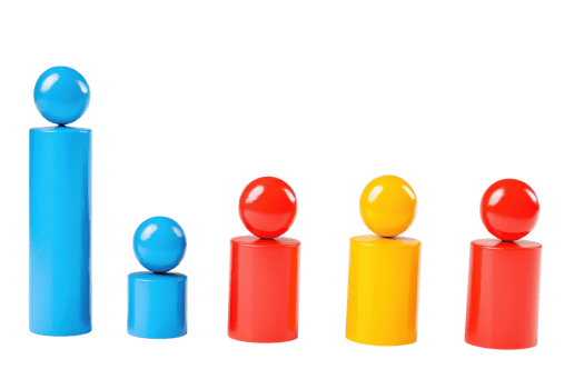 Colorful, stackable toy figures arranged in ascending order by height, featuring spherical tops and cylindrical bases. png
