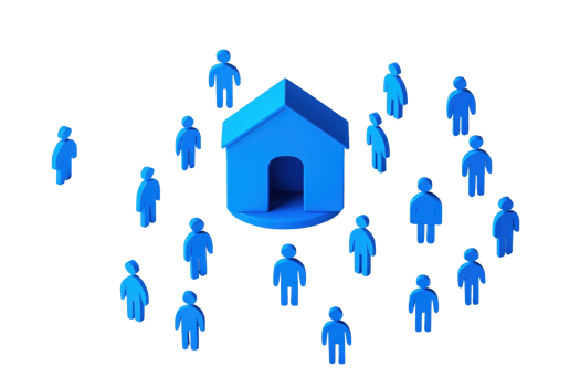 A blue house surrounded by blue human figures symbolizes community, connection, and belonging. png