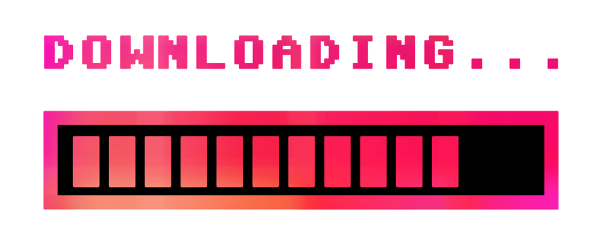 8-bit retro style isolated text, downloading, with a graded color shift progress bar. png