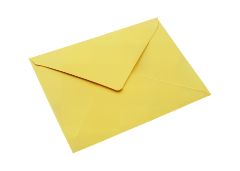 Isolated semi-closed yellow envelope for the old traditional mail postage shipping. Angled 3d illustration. png