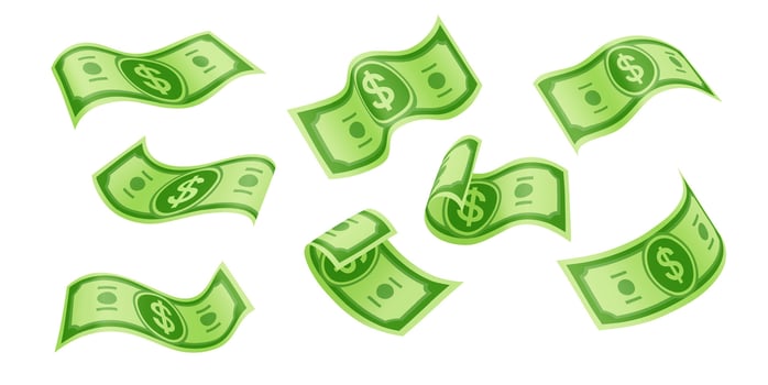Flying cartoon dollar banknotes, money cash bills vector