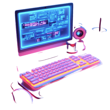 Neon-Aesthetic Computer Setup with Vibrant Colors png