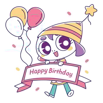 happy birthday card with cute cartoon girl holding a banner vector
