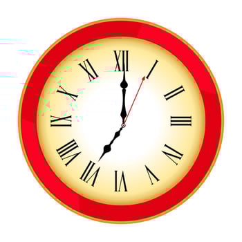 Round red wall clock with roman numerals showing 7am. vector