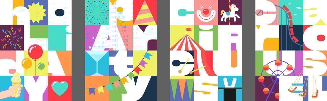 Festive party, circus and carousel poster set. Bright amusement park contemporary geometric designs with artistic text for holiday background, flyer, invite or ticket. Colorful carnival fair visuals vector