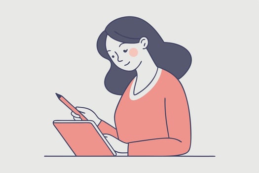 Woman Using Digital Tablet, Stylus Pen, Notetaking, Design, Illustration vector