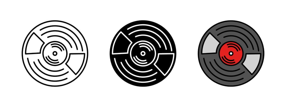 Vinyl record icon. Vinyl disc illustration. Retro sound record symbol. Vintage LP album sign. Analog DJ disco circle. Retro album vinyl disc pictogram in three different styles. vector
