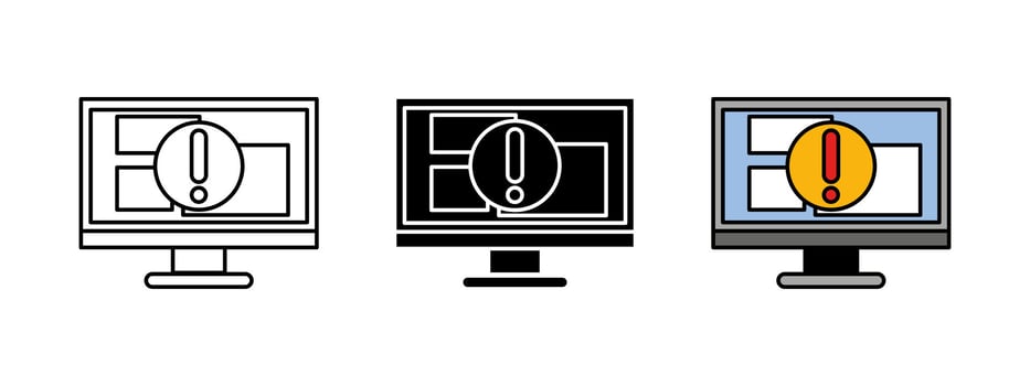 Computer error alert icon. Display warning sign. Monitor problem attention symbol. Software system malfunction pictogram. Computer error exclamation illustration. Desktop bug notification. vector